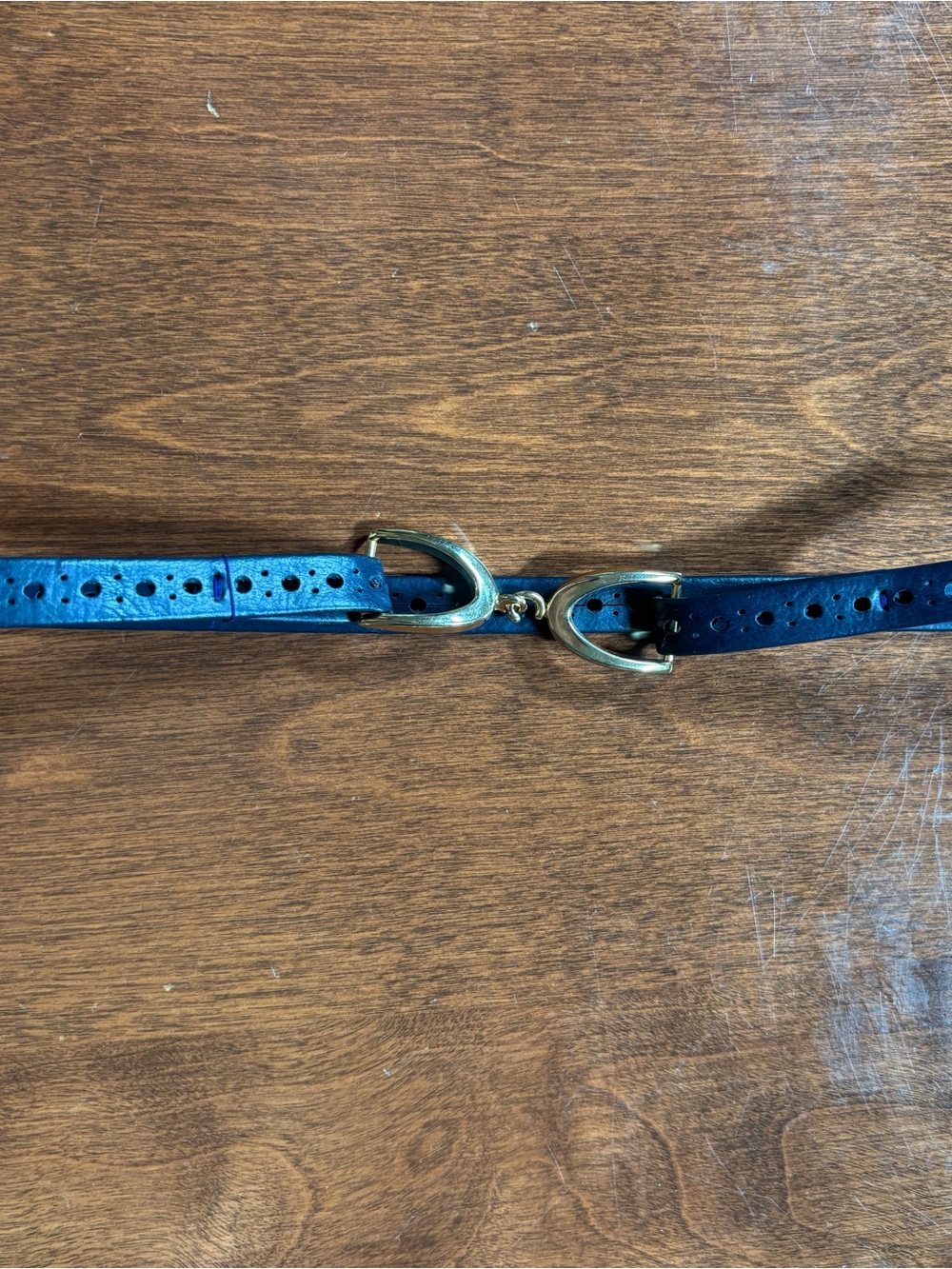 Unique Handmade Dark Blue Leather Belt with Gold Hardware - Picture 2 of 5